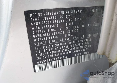 2014 Volkswagen Tiguan S/Se/Sel/R-Line из США, поврежденный, VIN WVGBV3AX7EW534359